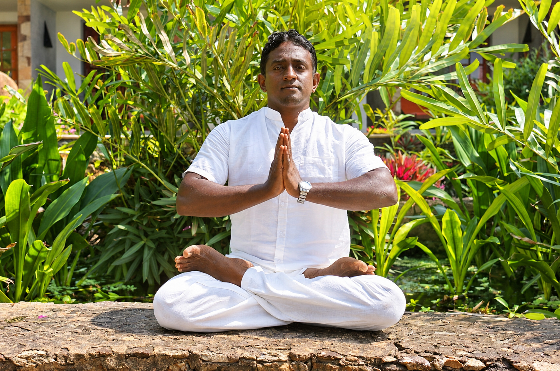 Yoga-Lehrer Nuwan bei seiner täglichen Meditation im Shakti Villa Ayurveda-Resort auf Sri Lanka.